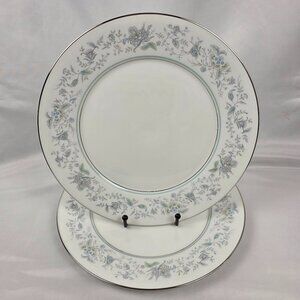 TWO Oxford China Spring Bone China Dinner Plate Multicolor Floral Rim Aqua Band